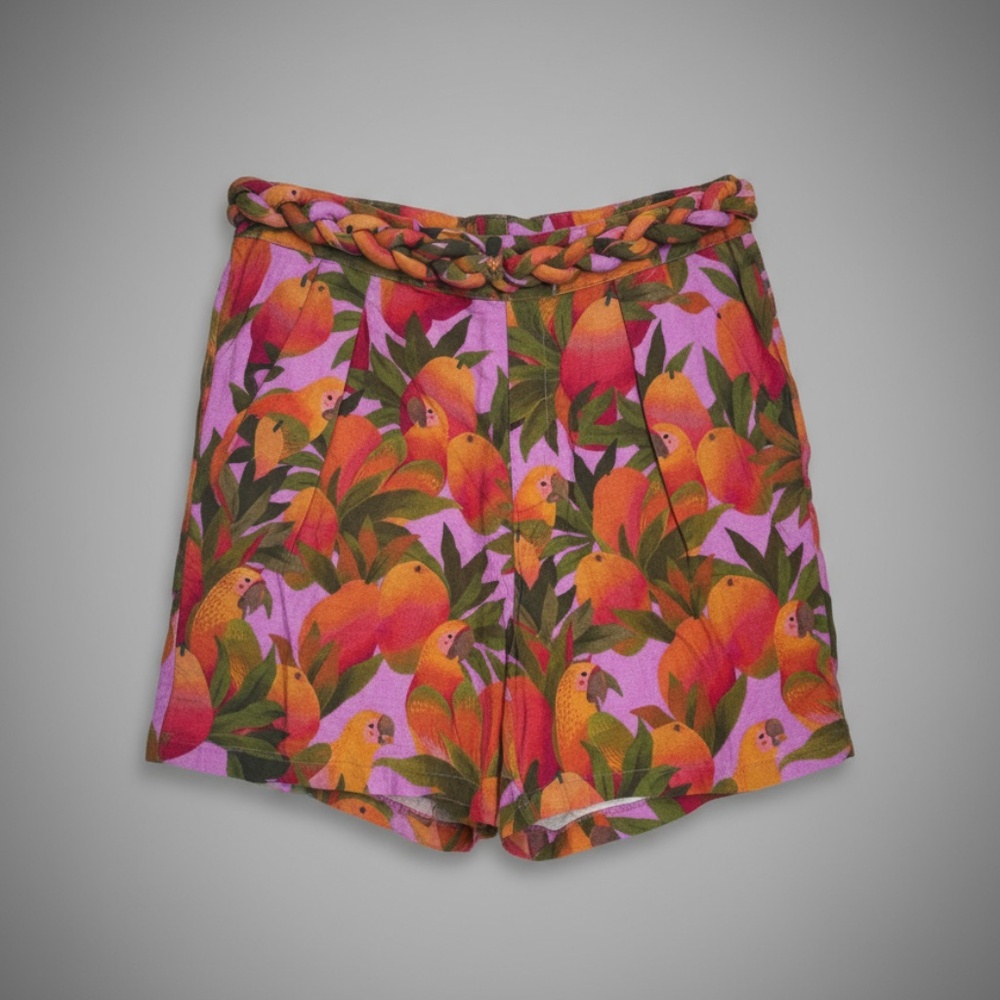 Farm Rio Braided-Waist Shorts Parrot Print Linen M